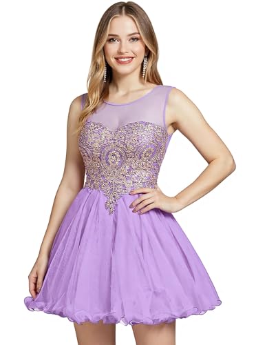 MisShow Tulle Homecoming Dresses for Teens Gold Lace Applique Short Prom Gown Sleeveless Cocktail Party Dresses