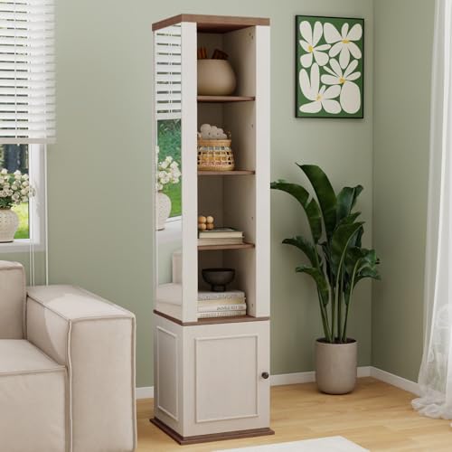 FNK Rotating Storage Mirror Corner Cabinet with Shelf Magazine Rack Hooks White