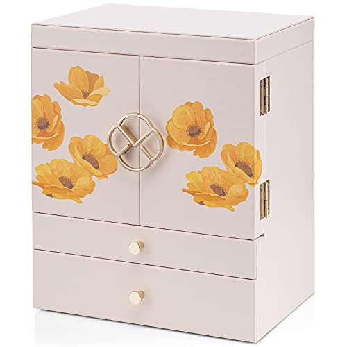 Vlando Large 6 Layer Jewellery Box, PU Leather Jewellery Organiser with Removable Jewellery Tray for Necklace Earrings Rings Bracelets, Jewellery Storage Display Case for Women Gift, Apricot