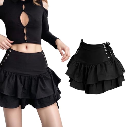 XDGBGFN Jupe Gothique pour Femmes à Lacets Volants Taille Haute Jupe Gothique Mini pour Fête, Club, Cosplay, Accessoires de Vêtements, Noir , M