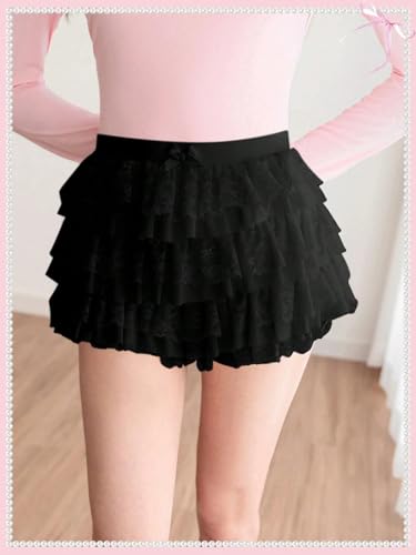 Image of Women Y2K Lace Multi-Layered Bloomers Lolita Ruffle Shorts Cute Mini Skirt | Tiered layers, elastic waist, pumpkin pants, for rave party /country concert /festival