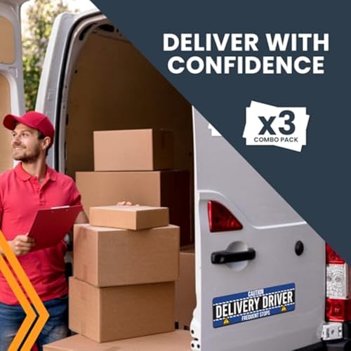 Image of Magnet Me Up Caution Frequent Stops Delivery Driver Automotive Magnet Decal, 3 Pack, Blue /Black, Two 8x12 inch and One 3x10 inch, Automotive Magnet for Car, Flex Delivery Driver, Crafted in USA