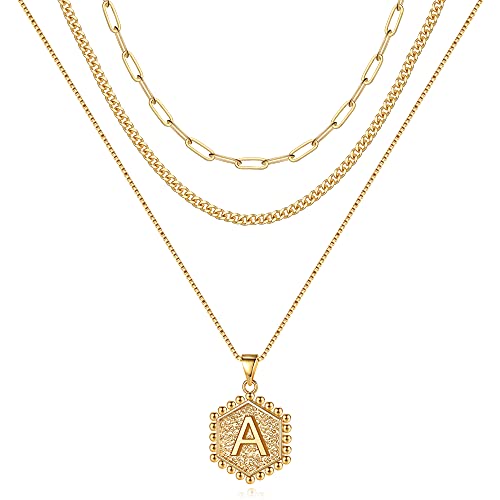 Layered Gold Necklace for Women, 14K Gold Plated Initial Necklaces Paperclip Link Chain Necklaces for Women Girls Dainty Initial A Necklaces for Women Gold Necklace for Women Gold Jewelry for Women