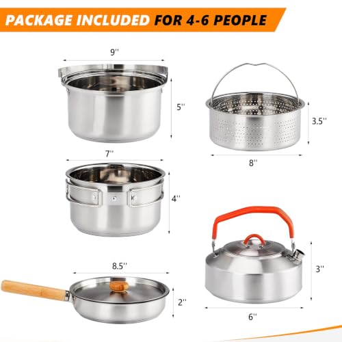 Bonnlo Camping Cookware Set, 6 Pcs 304 Stainless Steel Camp Pots and Pans with Kettle, Steamer Basket & Lids, Travel Tote Bag Included for Outdoor Cooking, Works on Gas, Electric & Induction Cooktops - Image 7