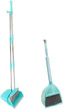 Housekeeping Broom and Dustpan Sets for Parent-Child, Lightweight Upright Standing Dustpan with Broom for House Sweeping, Light Blue