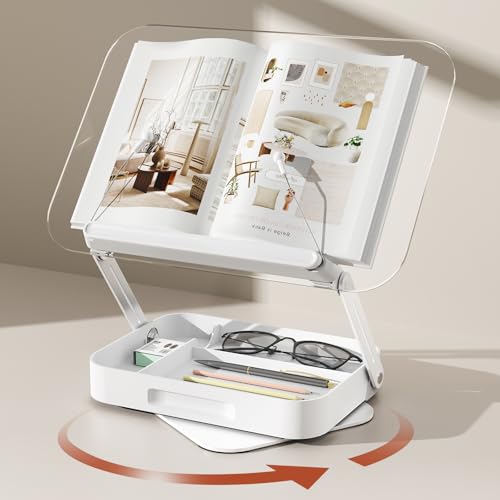 Buchhalter Leseständer mit Stauraum, Holzbuchständer zum Lesen, 360° drehbarer Kochbuchständer mit Seitenklemmen für Küche, Schule, Büro, Notenblätter, Tablet