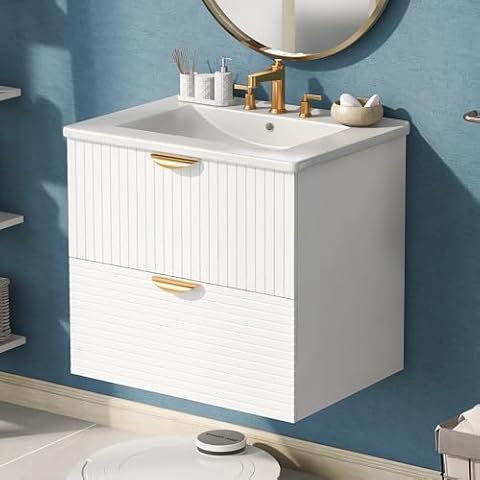 EZONTEQ 24" Bathroom Vanity with Sink, Bathroom Vanities with Single Ceramic Sink Combo Set, Wall Mounted Floating Bathroom Cabinet with 2 Drawers, Ideal for Small Bathroom, Soft Closing (White) Cover