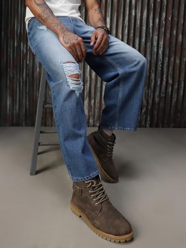 Image of High Star Men Cotton Washed Loose Fit Casual Mid-Rise Jeans