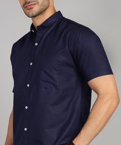 Image of MILDIN Men's Cotton Blend Solid Shirt with Spread Collared Half Sleeve Curved Hemline Button Closure Regular Fit and One Pocket | Half Sleeve Shirt for Men
