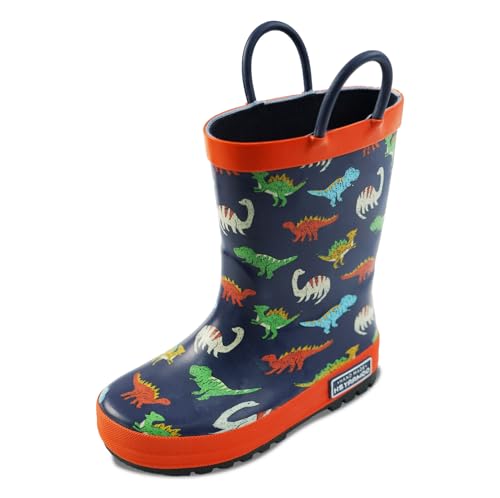 YAAMOO Gummistiefel Kinder mit Griffen Gumischtifel für Jungen & Mädchen Outdoor Wasserdichte Regenstiefel Kinder mit Dinosaurier-Motiv Anti-Rutsch Sohle Blau Gr 29/30