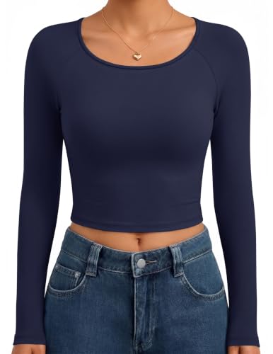 Ekouaer Long Sleeve Tops for Women Raglan Cropped Shirts Scoop Neck Underscrubs Basic Clothing Navy Blue XL