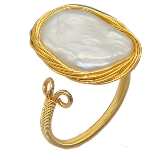 Andaxe Handcrafted Baroque Pearl Ring Winding Design Opening Adjustable 14K Gold Plated Material,White thumb #1