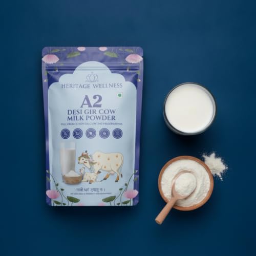 Image of Heritage Wellness A2 Gir Cow Milk Powder 450gm Pack - Premium A2 Gir Cow Milk Powder for Whole Milk Experience - Rich Full Cream - Ideal for Beverages - Nutrient-Rich and Delicious