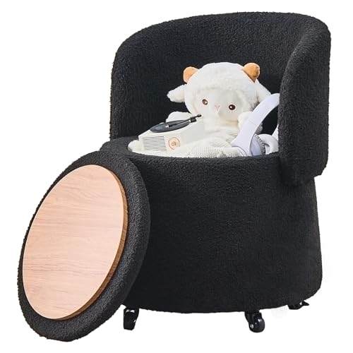 Mxfurhawa Storage Ottoman Modern Vanity Stool with Back Teddy Velvet Footstool with 5 Universal Wheels for Extra Seating Small Side Table Footrest Stool Makeup, Bedroom (Black)