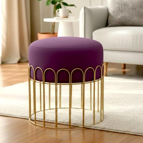 Image of Premium Gold Metal Ottoman Pouffe Stool & Footrest for Living Room & Bedroom | Wine Soft & Classy Mosha Fabric with Arch Frame | 18 inch Height | Luxury Multipurpose Furniture & Home Decor