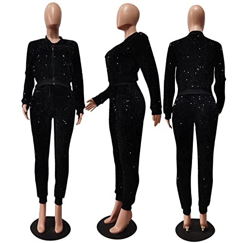 Women Sexy Shiny Sequin Velour 2 Piece Outfits Pockets Glitter Jacket Pant Bodycon Party Tracksuit Clubwear Black S #TOP4
