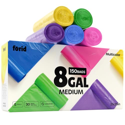 FORID 8 Gallon Trash Bags Multi Colored - Extra Thick Garbage Bags Unscented, Strong Plastic Waste Can Liners for Home Bathroom Office Kitchen,150 Bags 5 Rolls,30 Liters