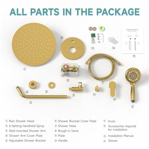 Image of SR SUN RISE Shower Faucet - Multifunctional High Pressure Shower Head System with Handheld Shower Head Fixtures - Valve Included (Brushed Gold, 12 inch)