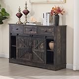 DM Furniture Farmhouse Bar Cabinet with Wine Rack 54" Coffee Buffet Cabinet with Sliding Barn Doors, Adjustable Shelves Rustic Buffets & Sideboards with 3 Drawers for Dining Room/Kitchen, Black