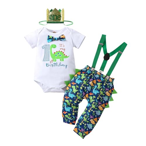 Image of Baby Boys 1st Birthday Outfit Cake Smash Bow Tie Romper Dinosaurs Bodysuit Y Back Suspenders Long Pants Set