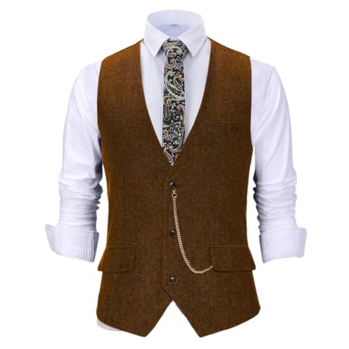 Men’S Herringbone Single Button Vest Single Breasted V-Neck Formal Waistcoat For Wedding Business Daily Work