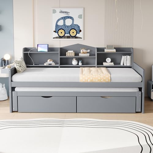 Lcoho Sofá cama (90 x 200 cm), cama nido (90 x 190 cm), con dos cajones, gran compartimento de almacenamiento y cesta de almacenamiento, enchufe USB, cama individual de madera, color gris