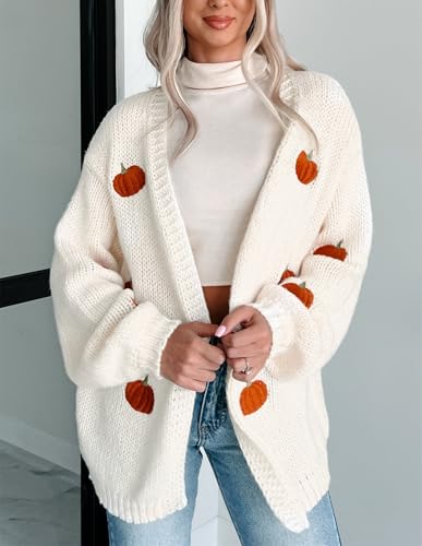 Women Pumpkin Embroidery Sweater Cardigan Open Front Loose Casual Pattern Knit Long Cardigans Coats Holiday Sweater2
