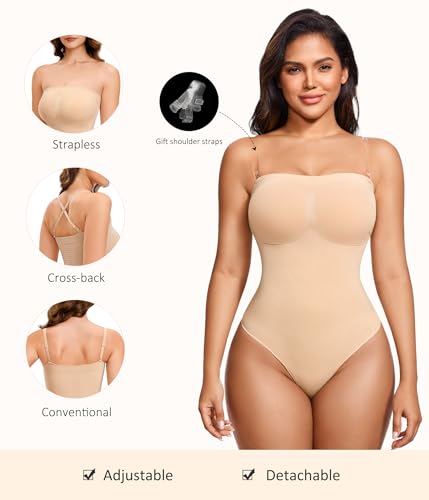 Strapless Thong Bodysuit for Women Seamless Tummy Control Shapewear Body Shaper -Removable Strap Tube Top Leotard2