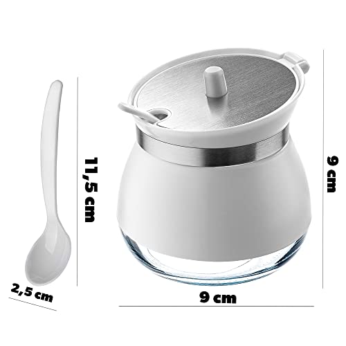 KADAX Zuccheriera con cucchiaio, 270 ml, in vetro verniciato a polvere, 9 x 9 cm, in 2 colori, portaspezie con coperchio per tè, zucchero (bianco) - immagine 3