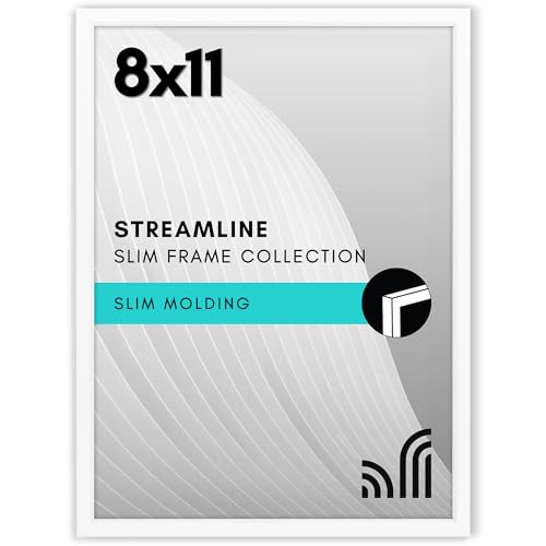 Image of Americanflat 8x11 Picture Frame with Shatter-Resistant Glass - Streamline Collection - Thin Border Photo Frame for Tabletop and Wall Display - Hanging Hardware and Easel Stand Included - White