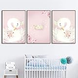 VLOLIFE Canvas Wall Art Painting Baby Girl Nursery Wall Art Canvas Painting Pink Swan Cartoon Posters Nordic Kids Decoration Pictures Children Bedroom Decor Frameless (16X24inchX3 Unframed)
