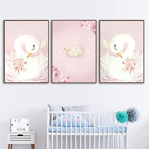 Image of VLOLIFE Canvas Wall Art Painting Baby Girl Nursery Wall Art Canvas Painting Pink Swan Cartoon Posters Nordic Kids Decoration Pictures Children Bedroom Decor Frameless (16X24inchX3 Unframed)