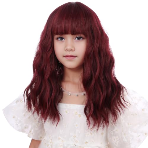 Image of Wine Red Wig Short Wine Red Wavy Curly Wig with Bangs Synthetic Cosplay Hair Wig