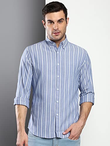Image of Dennis Lingo Men's Striped Slim Fit Oxford Cotton Casual Shirt with Button Down Collar & Full Sleeves