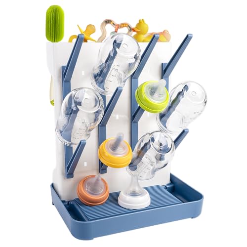 RUACDIQ Escurre Biberones, Vertical para Seca Biberones Que Ahorra Espacio, Escurridor para con Bandeja Recogegotas Chupetes Y Accesorios para Bebés (Azul)