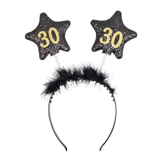 Decoraparty Diadema con número 30 años mujer para cumpleaños aniversario fiesta fiesta corona banda con antenas de estrella treinta unisex – Negro Oro