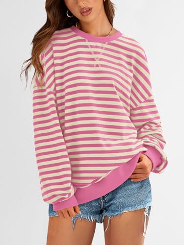 Image of PRETTYGARDEN Womens Striped Oversized Sweatshirt Color Block Crew Neck Long Sleeve Casual Loose Pullover Top Y2K Clothes