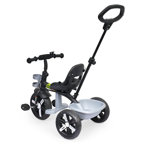 Image of Luusa Elite 500 Kids Tricycle with Parent Push Handle & Safety Seat Belt - Premium 3 Wheel Toddler Cycle with Storage Basket & Comfortable Backrest for 1-4 Years Boys & Girls (Black Silver