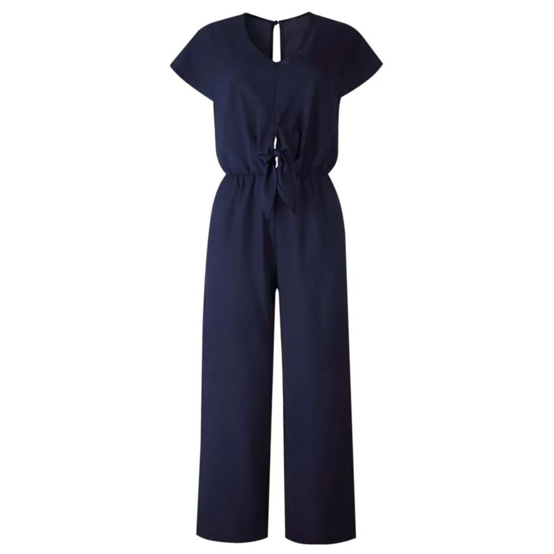 Yeuyyben Overol de verano para mujer, cuello en V, sin mangas, pierna ancha, color sólido, casual, ajuste holgado, espalda descubierta, para oficina