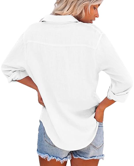 Womens Button Down Shirts Long Sleeve Dress Linen Shirts Casual Collared Cotton Button Up Blouses Oversized Tops with Pockets2
