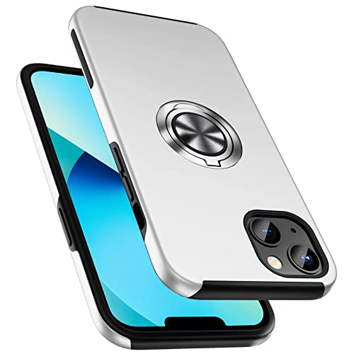 Funda a Prueba de Golpes para iPhone 13 de 6,1'', [Anillo De Dedo Incrustado] Carcasa de TeléFono con Metal Reforzado con Función Atril [Apoyo Soporte MagnéTico para Coche] para iPhone 16, Plata