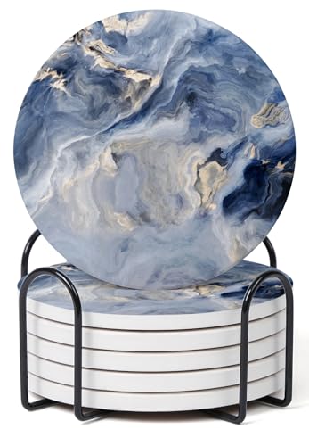 Image of Set of 6 Navy Blue Marble Coasters with Holder,Absorbent Ceramic Coasters for Drinks, Coasters with Cork Backing for Table Protection, Housewarming Gifts for New Home