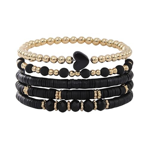 Bohemia Multilayer Heart Clay Stackable Bracelets Set Colorful Surfer Heishi Clay Gold Beaded Stretch Bracelets for Women Men Summer Beach Boho Vacation Jewelry Gifts