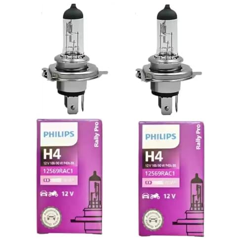 Philips Rally Pro H4 Headlight Bulb Set of 2, P43t 12V 100/90W | High Performance Super Bright and Durable Halogen Light Bulbs for Car