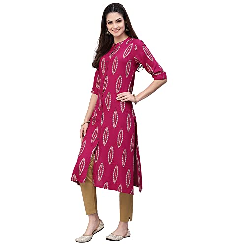 Image of Stylum Women's Turquoise Block Printed Rayon A-Line Kurta | Office Kurtas for Women (Available in Plus Sizes)