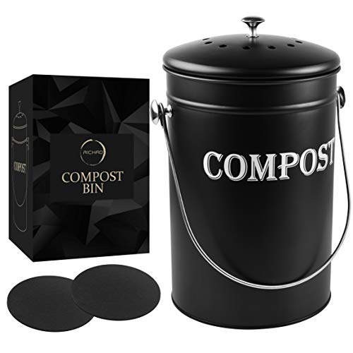 Compost Bin Kitchen 1.8 Gallon Smell Free Charcoal Filter Countertop Compost Bin with Lid - Stainless Steel Rust-Free Composting Bin for Kitchen Counter Compost Bucket Includes a Spare Filter (Black