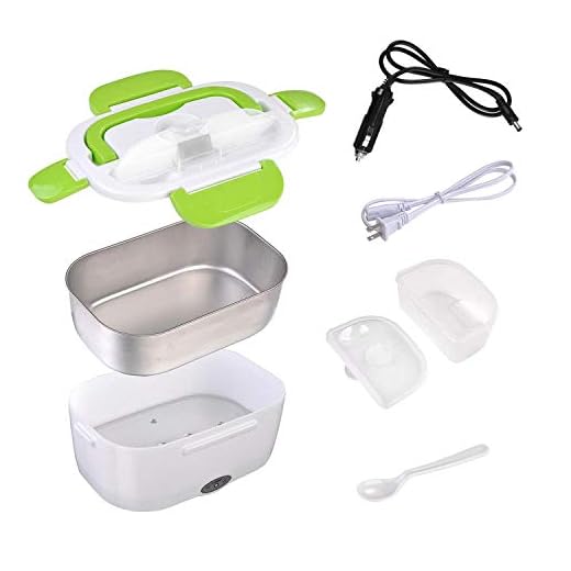 Car Electric Lunch Box, Portable Food Warmer Heater, Food-Grade Stainless Steel Tray, 12V & 110V 40W Adapter, Car Truck Home Work Use, Spoon and 2 Compartments Included, Green…