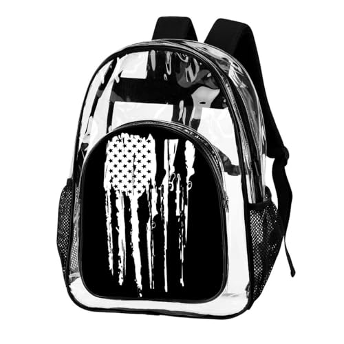 Clear Backpack Black And White Gun Design American Flag Heavy Duty Clear Bag PVC Transparent Clear Book Bag with Adjustable Shoulder Straps for Security Work Concert Festival Travel