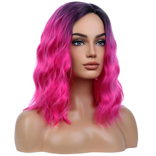 Image of BERON Hot Pink Short Wigs Curly Bob Wig Ombre Color Wavy Hair Wigs Side Part Women's Synthetic Wigs Daily Party Use