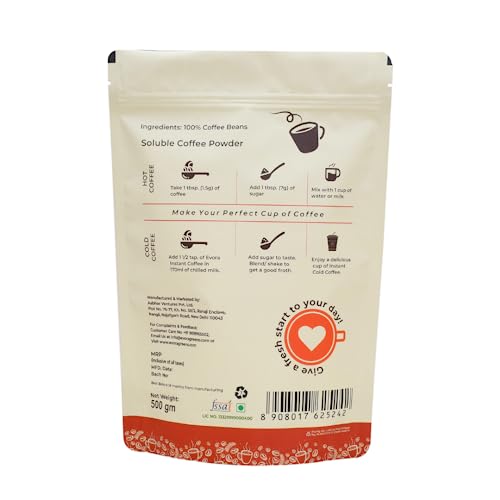 Image of Evora Greens Classic Instant Coffee | Arabica & Robusta Blend | Strong Aroma & Smooth Taste | Hot, Cold & Black Coffee | Makes ~50 Cups | 500g Glass Jar